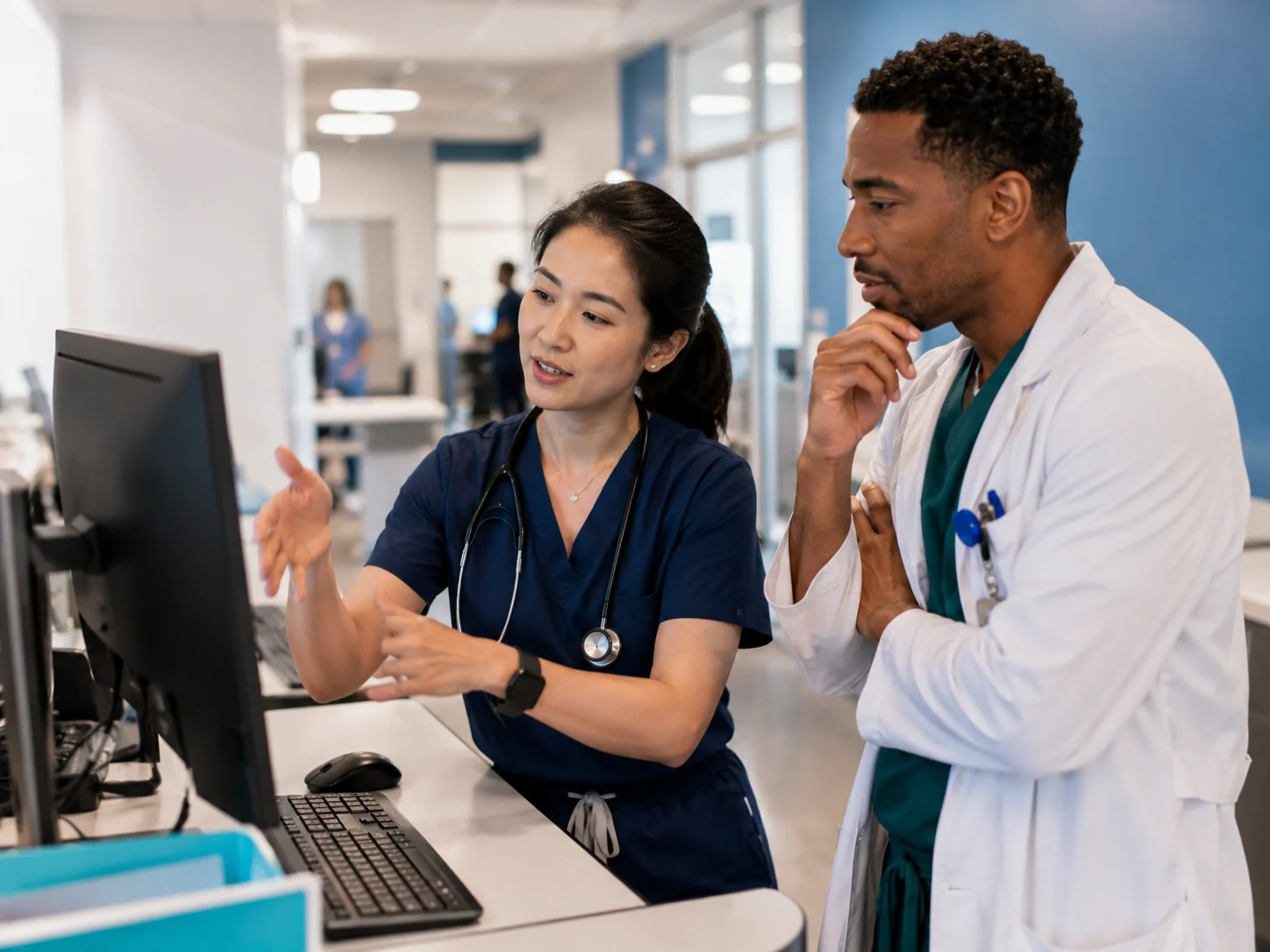 Physicians discussing a clinical performance case